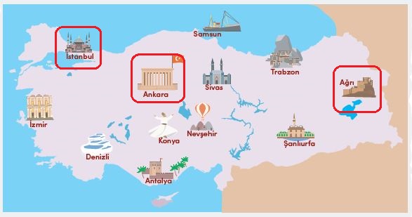 Haritada ülkemizin tarihî ve turistik yerleri