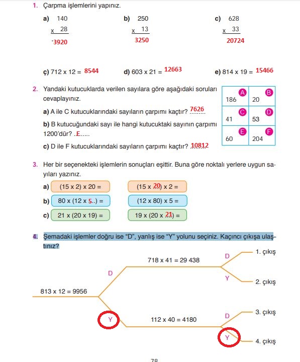 4. Sınıf Ata Yayınları Matematik 78. Sayfa Cevapları