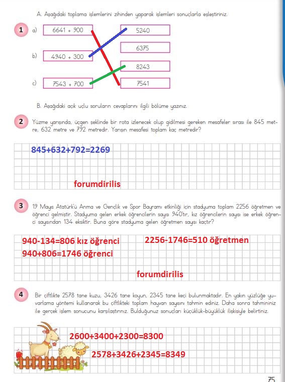 4. Sınıf Matematik Ders Kitabı 75. Sayfa Cevapları MEB Yayınları