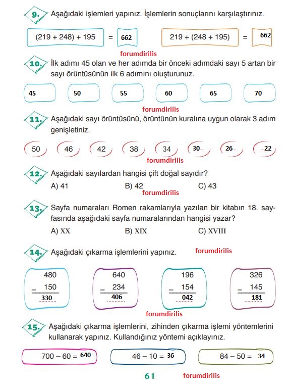 3. Sınıf Matematik Ders Kitabı 61. Sayfa Cevapları ADA Yayınları