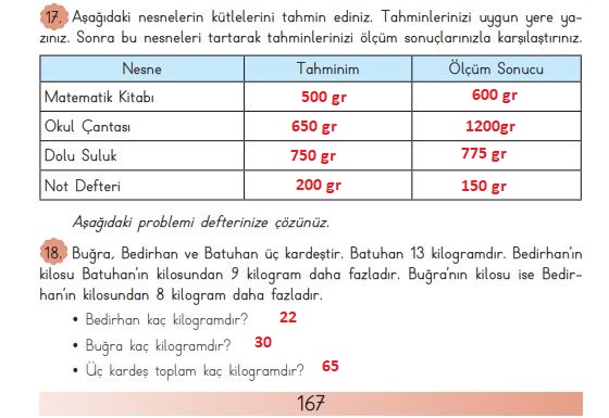 3. sınıf matematik sayfa 167 cevapları