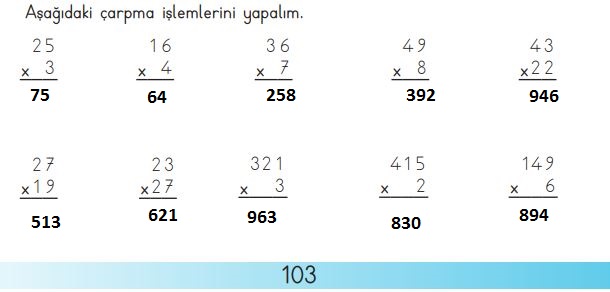 3. sınıf matematik ders kitabı sayfa 103