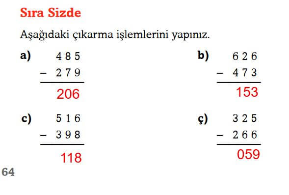 3. sınıf matematik sayfa 64 sıra sizde cevapları