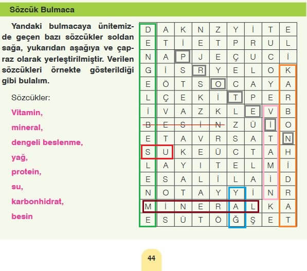 4. Sınıf Fen Bilimleri Sayfa 44 Cevapları Sözcü yayıncılık bulmaca