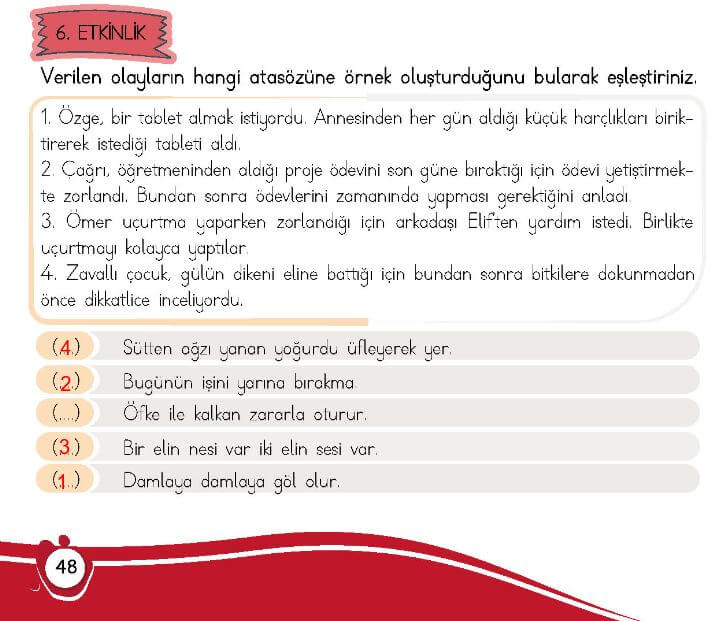 4. Sınıf Türkçe Ders Kitabı 48. Sayfa 6. etkinlik Cevapları Meb 
