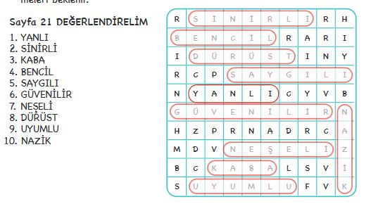 3. Sınıf Hayat Bilgisi 21. Sayfa Cevapları Bulmaca