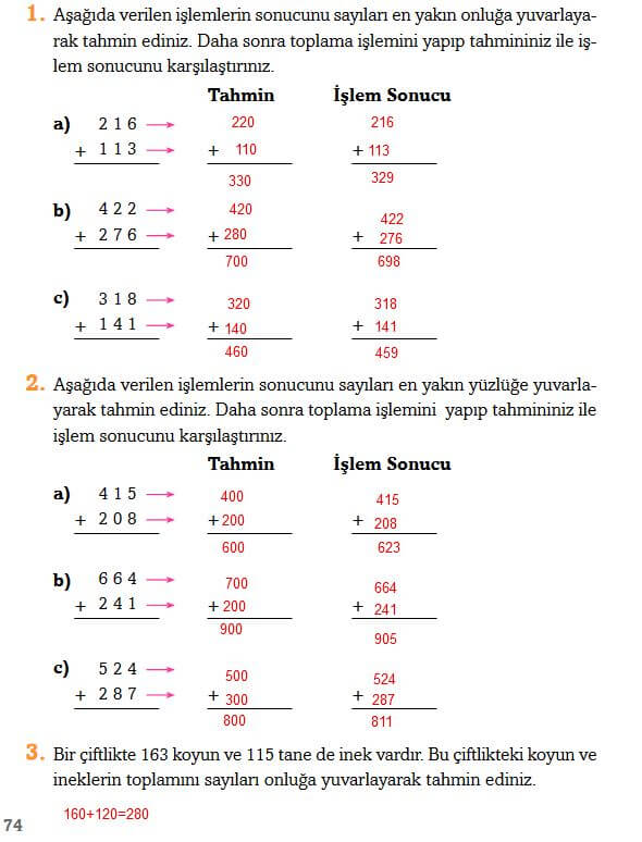 3. Sınıf Matematik Ders Kitabı Sayfa 74 Cevapları Ekoyay 