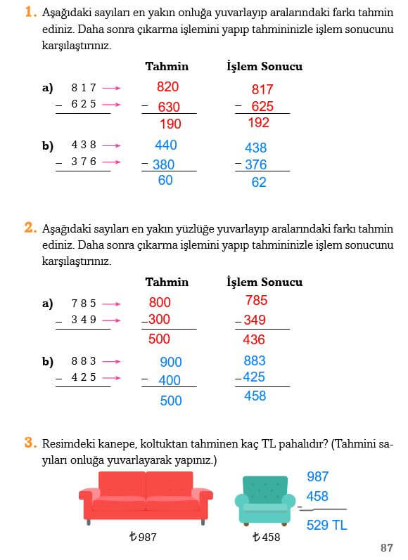 3. Sınıf Matematik Ders Kitabı Sayfa 87 Cevapları Ekoyay 