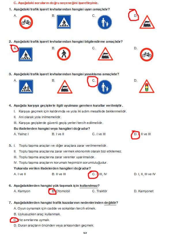 4. sınıf trafik güvenliği cevapları sayfa 57 morpaofset