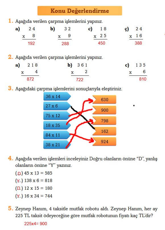 3. Sınıf Matematik Ders Kitabı Sayfa 124 Cevapları Ekoyay 