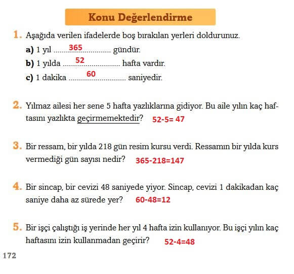 3. Sınıf Matematik Sayfa 172 Cevapları Ekoyay 