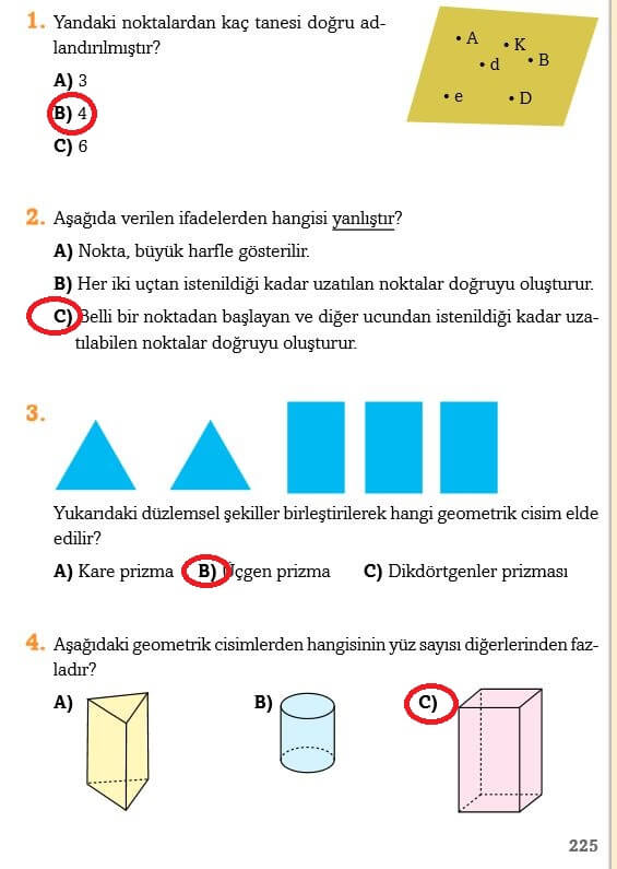 3. Sınıf Matematik Sayfa 225 Cevapları Ekoyay Yayın