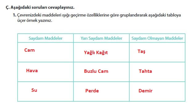 5. Sınıf Fen Bilimleri Sayfa 165 Cevapları MEB 