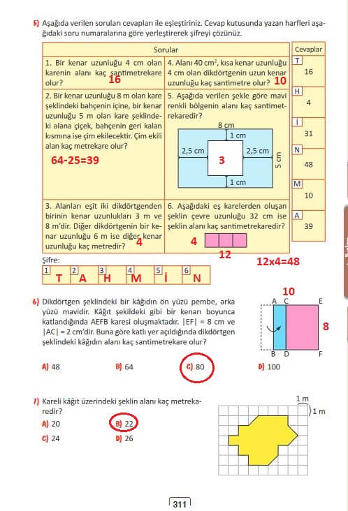 5. Sınıf Matematik Ders Kitabı Sayfa 311 Cevapları MEB 