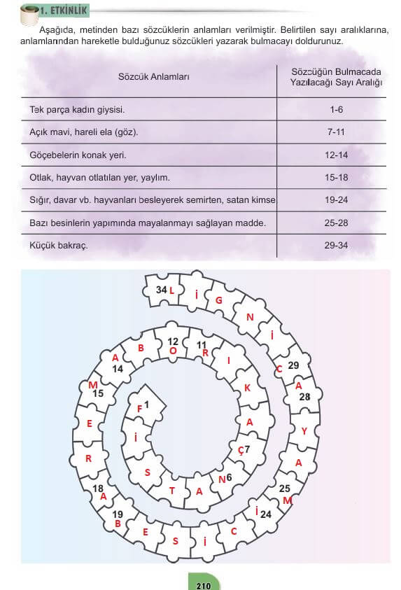 6. sınıf meb yayınları türkçe ders kitabı cevapları sayfa 210