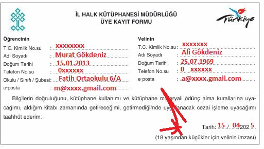 kütüphane kayıt kartı