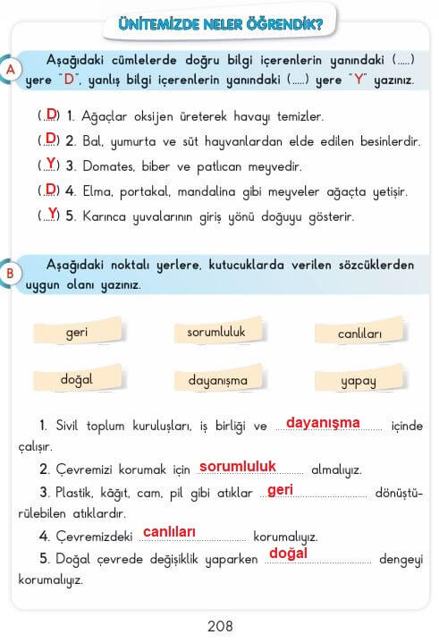3. sınıf sdr ipekyolu hayat bilgisi sayfa 208 cevapları